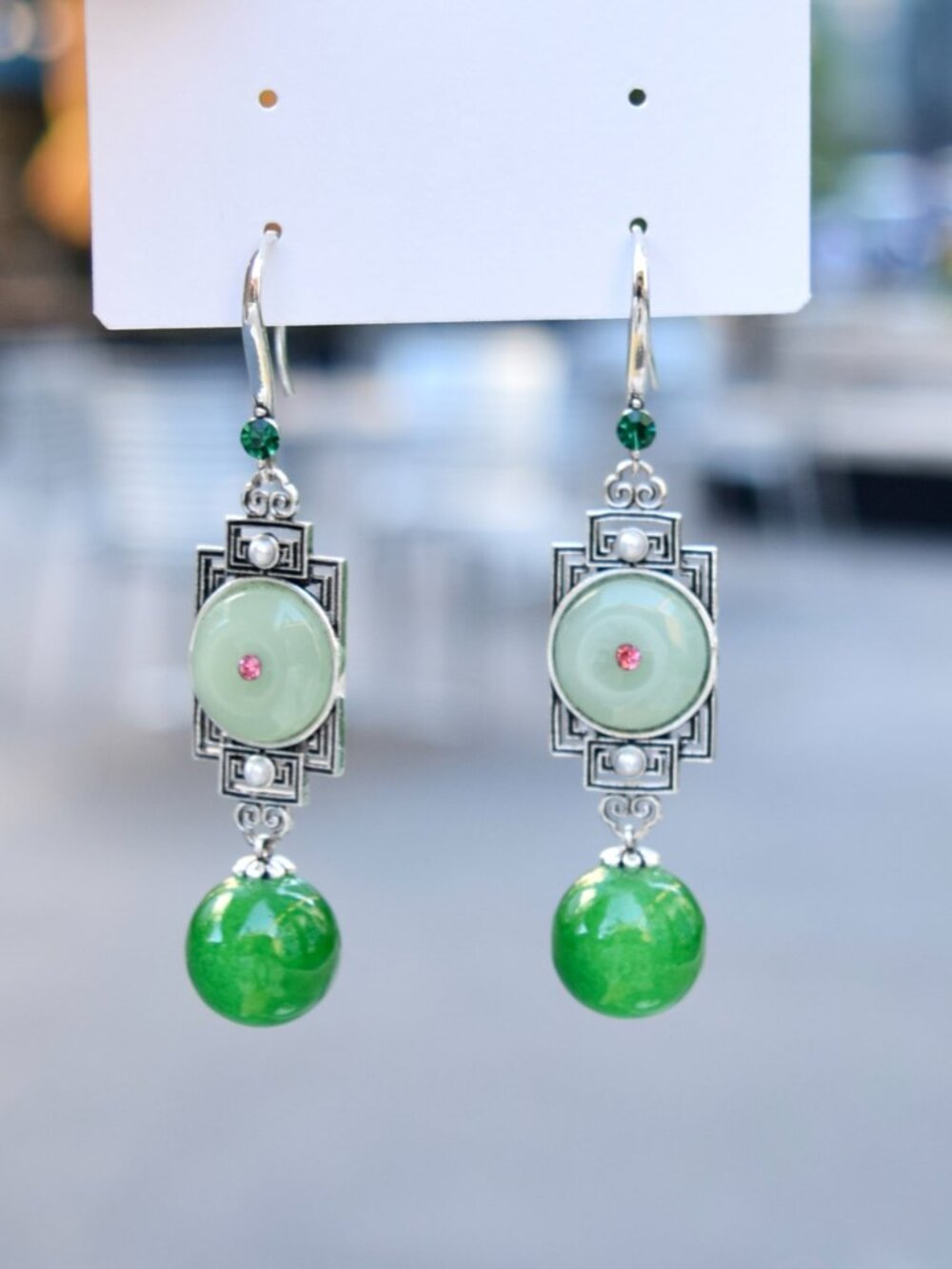 Green Peace Buckle Earrings - Jade Style Dangle Earrings